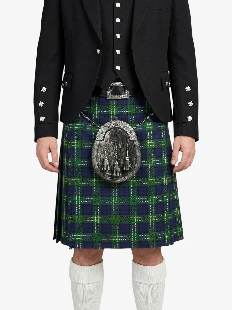 Person wearing a traditional Scottish kilt with a sporran on a white background