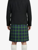 Person wearing a black jacket and green plaid kilt on a white background
