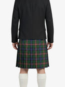 Person wearing a black jacket and green plaid kilt on a white background