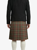 Person wearing a black jacket and plaid kilt on a white background