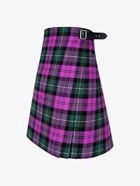 Plaid kilt with purple and green pattern on a white background