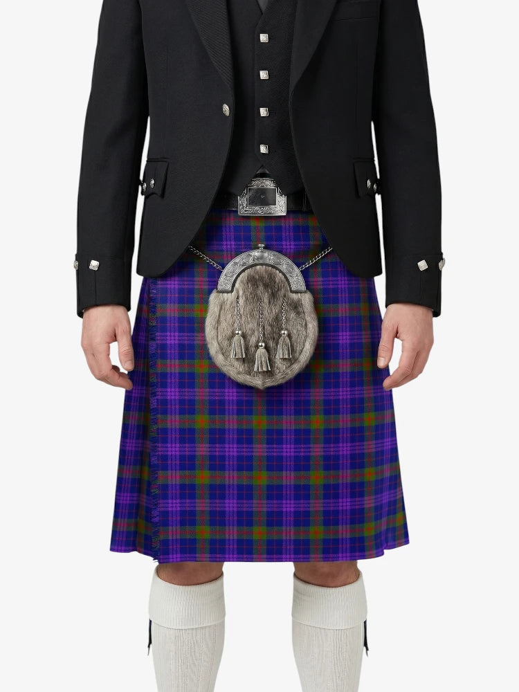 Person wearing a traditional Scottish kilt with a tartan pattern on a white background