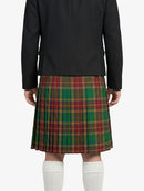 Person wearing a black jacket and plaid kilt on a white background