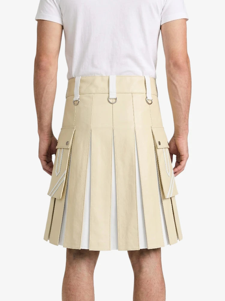 Beige And White Leather Hybrid Utility Kilt Back