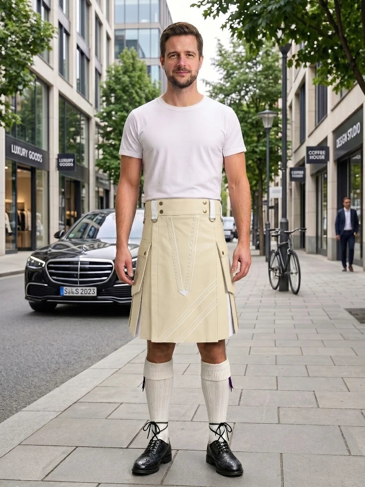 Beige And White Leather Hybrid Utility Kilt