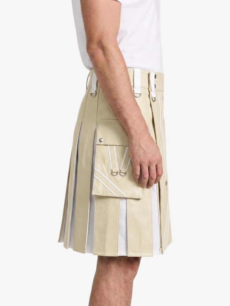Beige And White Leather Hybrid Utility Kilt Right
