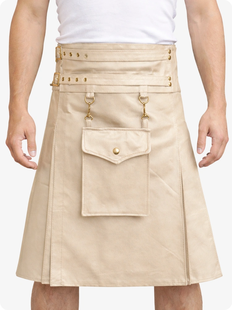 Beige Cream Leather Utility Kilt with Front Pocket & Adjustable Buckle Straps