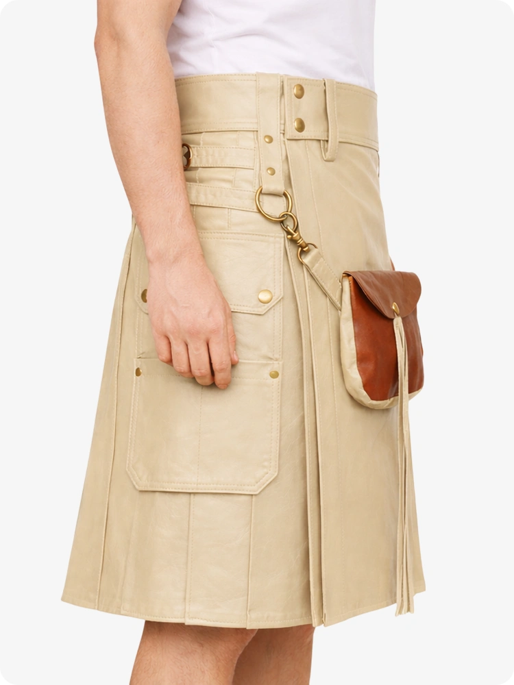 Beige Cream Leather Utility Kilt with Front Sporran