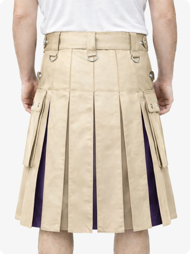 Beige kilt with purple accents worn by a person on a white background