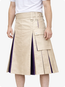 Beige skirt with purple accents worn by a person on a white background