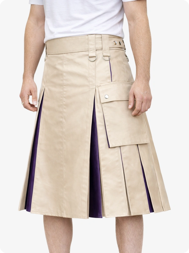 Beige skirt with purple accents worn by a person on a white background