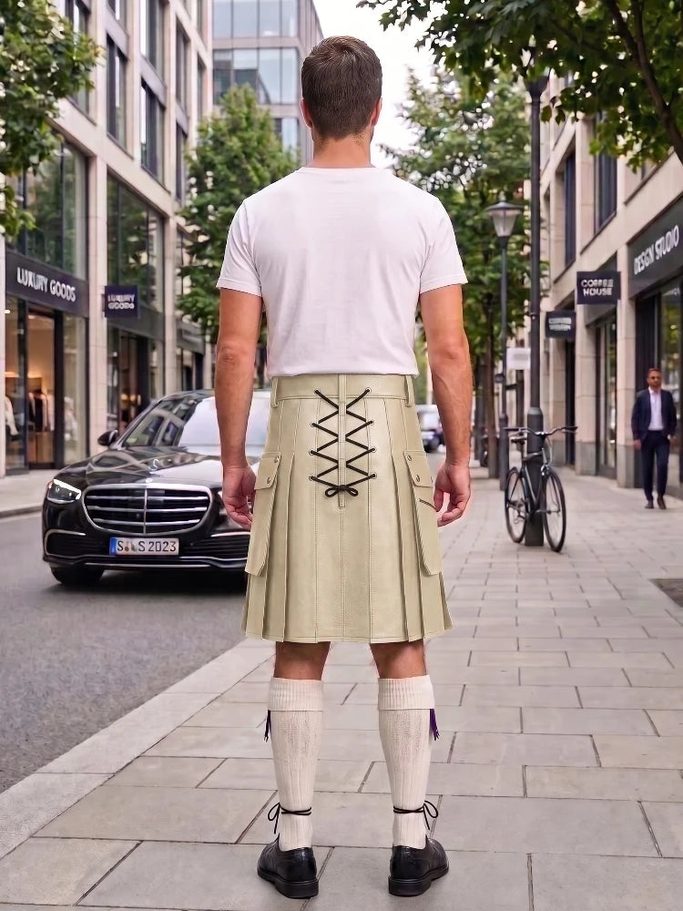 Biege Cow Leather Utility Kilts for Men