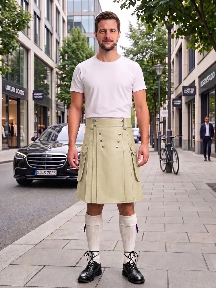 Biege Cow Leather Utility Kilts for Men