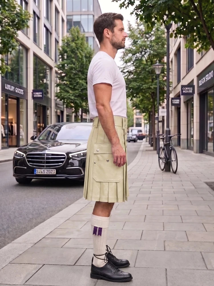 A man stands on a city sidewalk wearing a white t-shirt, a light beige pleated kilt, white socks with purple stripes, and black leather shoes. A black Mercedes-Benz car is parked on the street behind him, with trees and storefronts in the background.