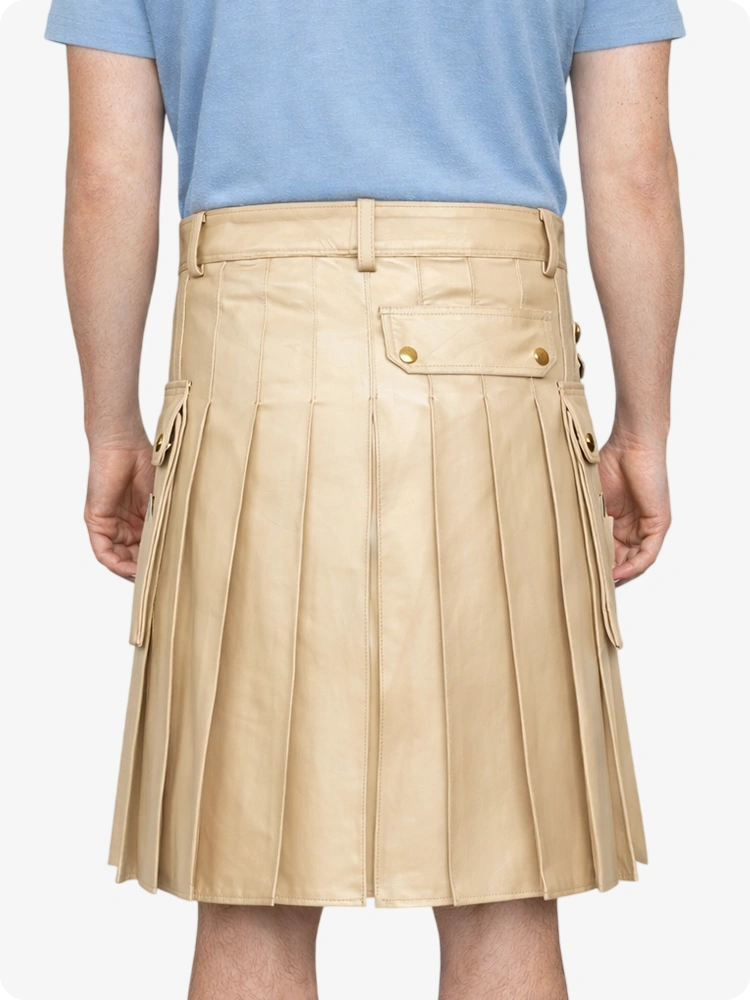 Biege Cream Genuine Leather Utility Kilt with Side Pockets