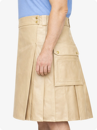 Biege Cream Genuine Leather Utility Kilt with Side Pockets