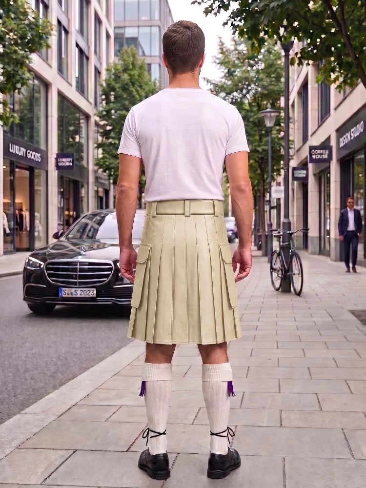 Biege Cream Leather Kilt For Men Tactical Utility Kilts