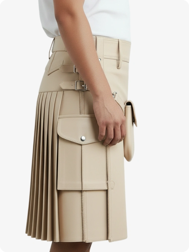 Biege Cream Leather Pleated Kilt with Belt Loops & Side Straps