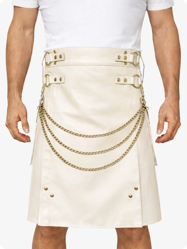 Biege Cream Leather Utility Kilt with Chain Detailing & Adjustable Straps