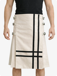Beige kilt with black stripes and metal buttons worn by a person on a white background