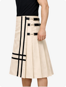 Beige skirt with black accents worn by a person on a white background