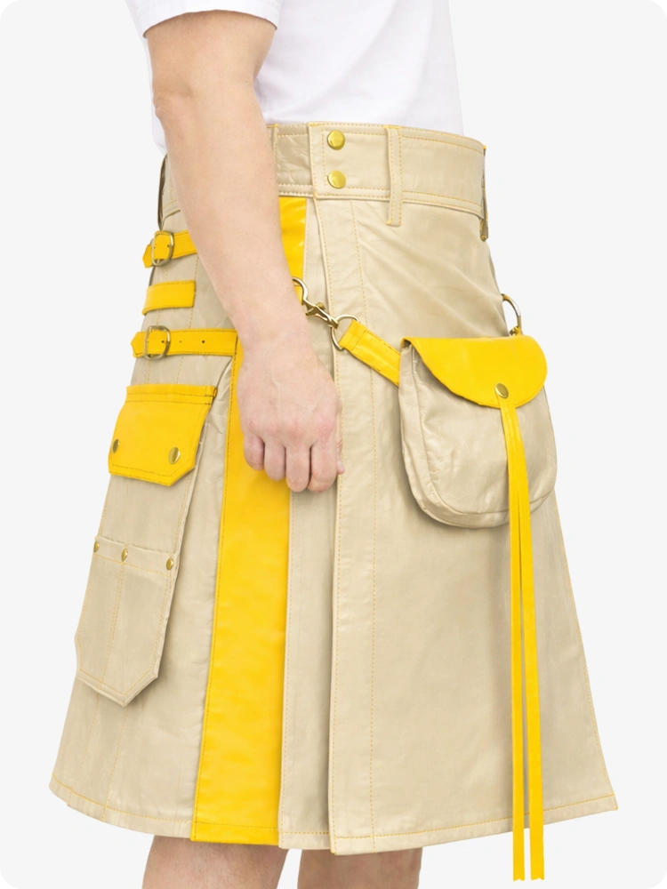 Biege Cream Leather Utility Kilt with Yellow Accents & Detachable Pockets