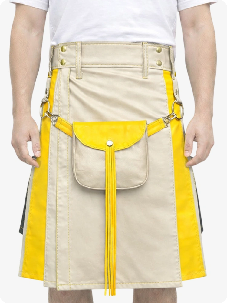 Biege Cream Leather Utility Kilt with Yellow Accents & Detachable Pockets