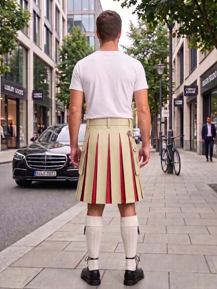 Biege Cream With Red Cowhide Leather Hybrid Utility Kilt