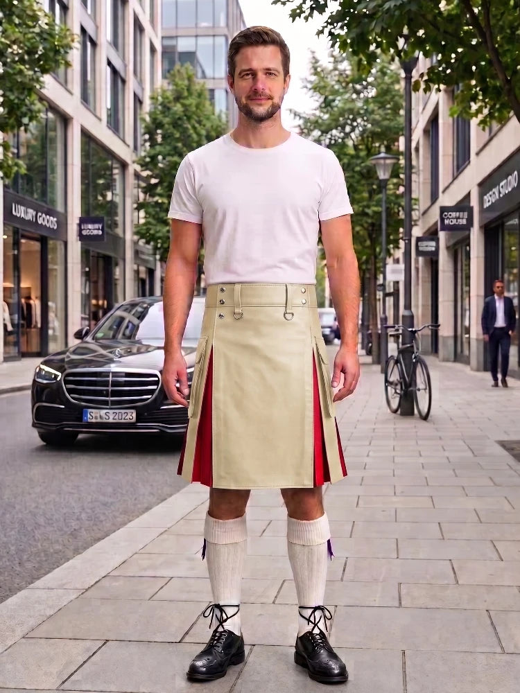 Biege Cream With Red Cowhide Leather Hybrid Utility Kilt