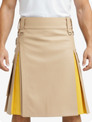 Person wearing a beige and yellow skirt with a plain background