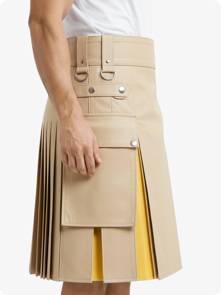 Biege Cream & Yellow Leather Utility Kilt with Cargo Pockets