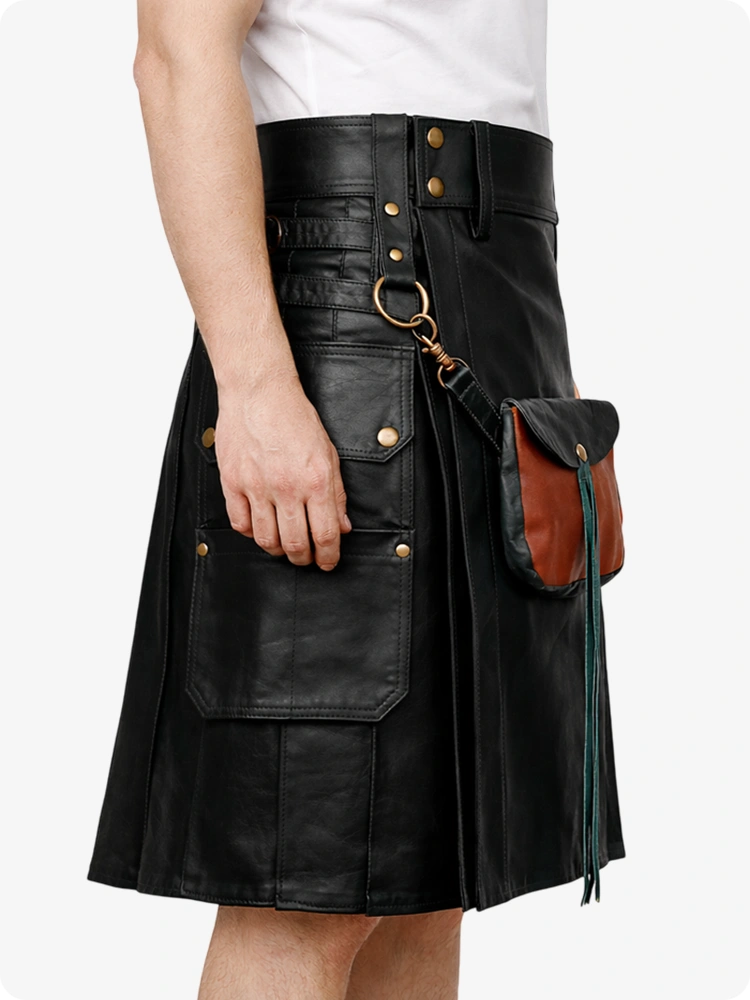 Black Leather Utility Kilt with Front Sporran