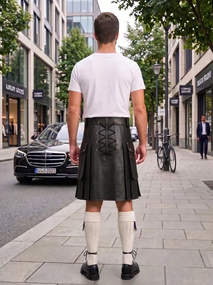 Black Cow Leather Utility Kilts for Men