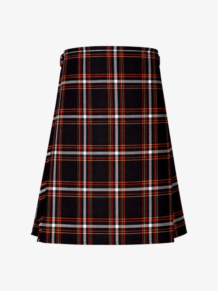 Plaid kilt with black, red, and white pattern on a white background