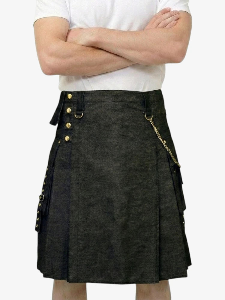 Black Denim Kilt with Gold Chain