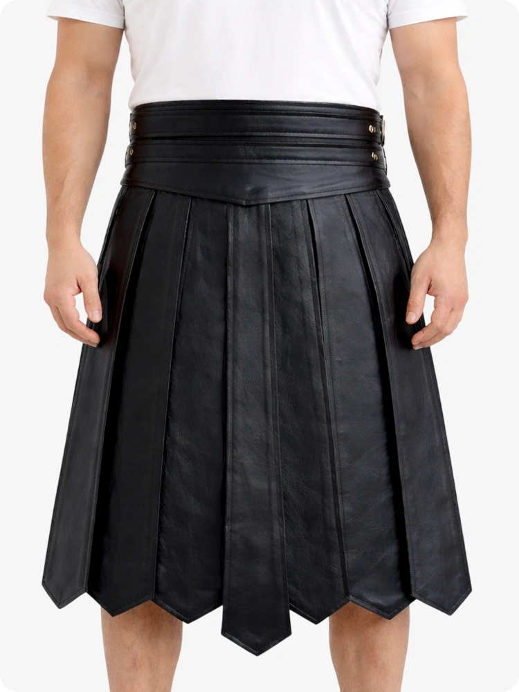 Black Leather Highland Kilt Adjustable Buckle Waist & Classic Pleats