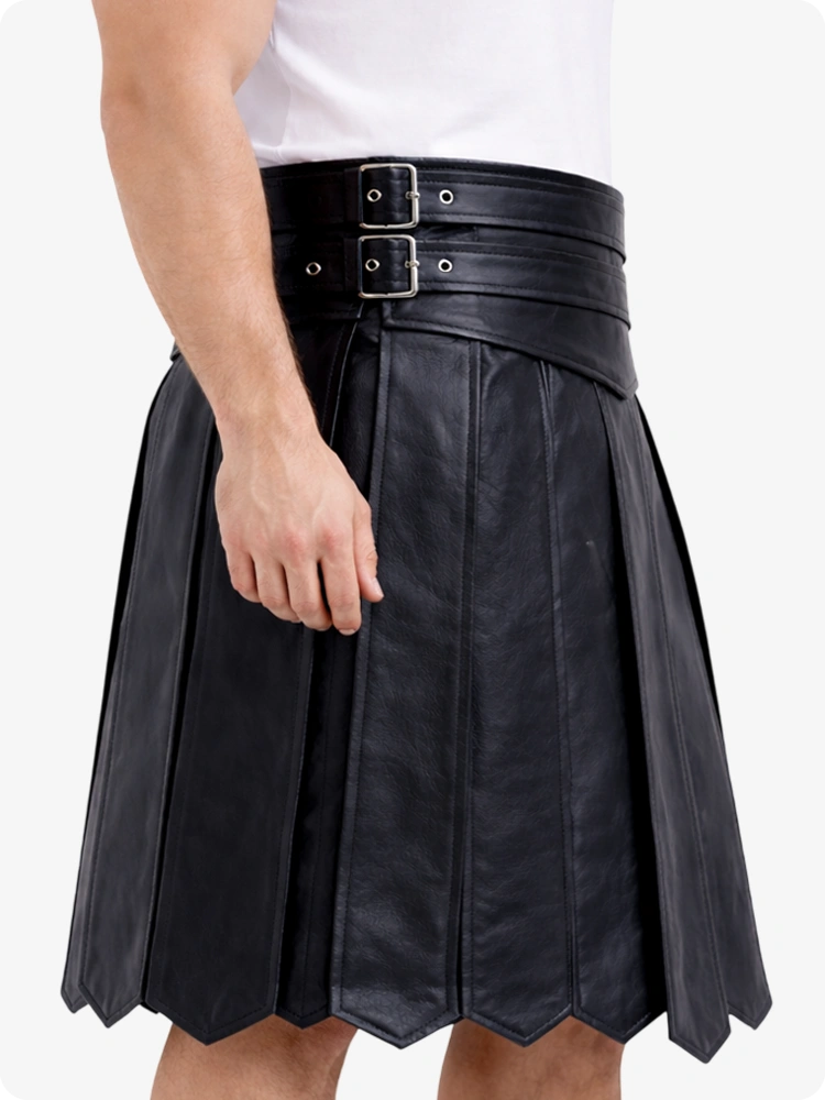 Black Leather Highland Kilt Adjustable Buckle Waist & Classic Pleats