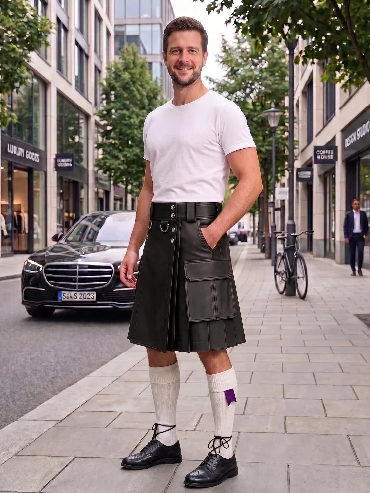 A man stands on a city sidewalk wearing a black leather kilt with a matching belt, a white t-shirt, white knee-high socks, and black leather shoes. A black Mercedes-Benz car and urban buildings are visible in the background.