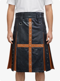 Black leather kilt with brown accents and metal studs on a white background