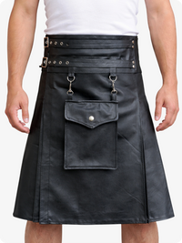 Black leather kilt with silver hardware on a white background