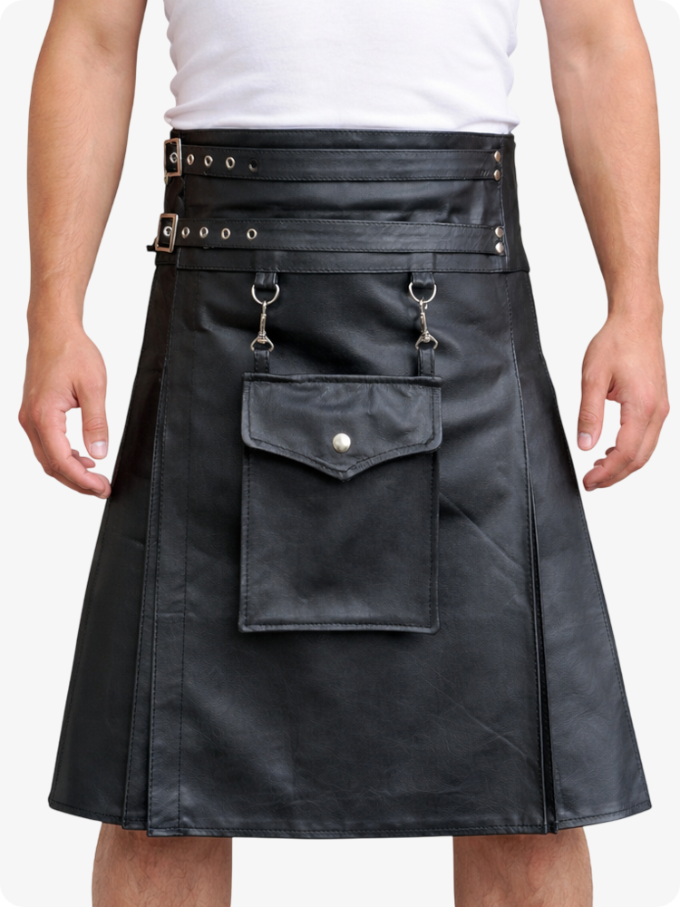 Black Leather Utility Kilt with Front Pocket & Adjustable Buckle Straps