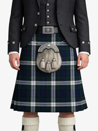 Person wearing a traditional Scottish kilt with a jacket and sporran on a white background