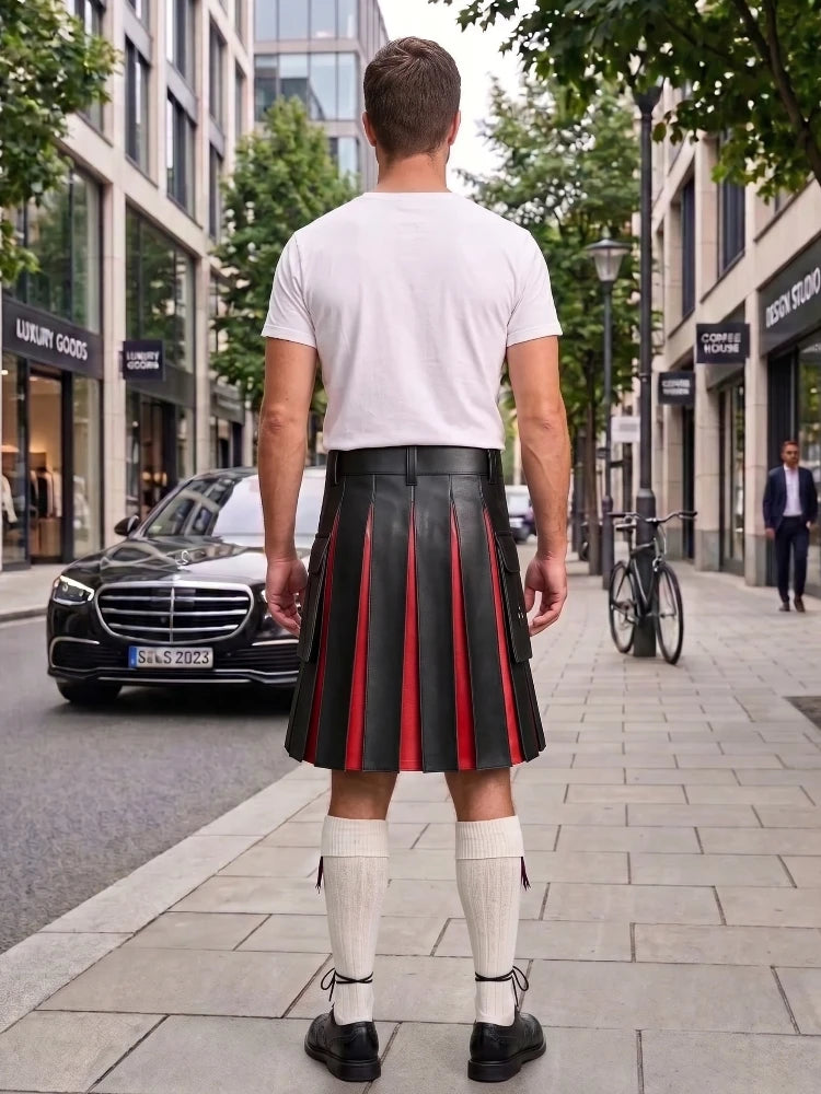 Black With Red Cowhide Leather Hybrid Utility Kilt