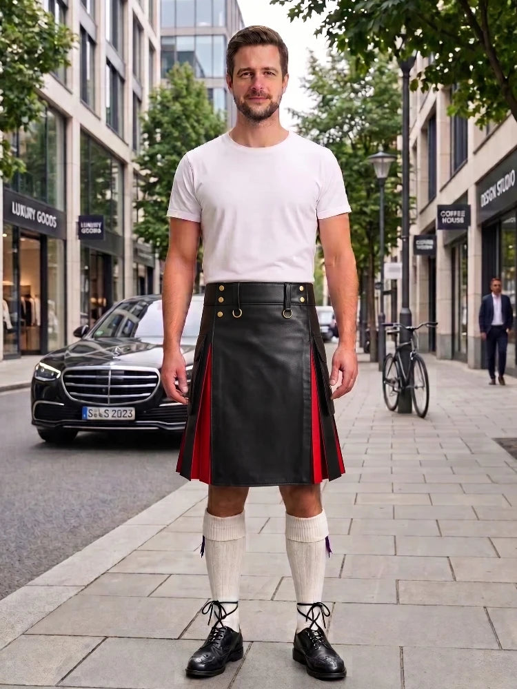 Black With Red Cowhide Leather Hybrid Utility Kilt