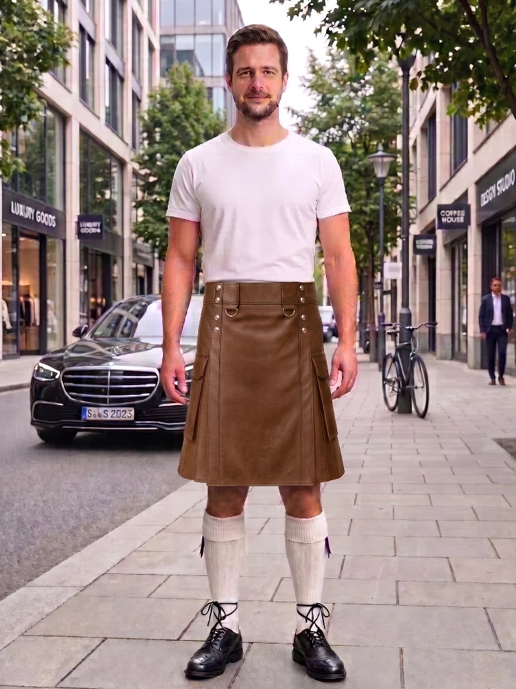 Brown Leather Kilt For Men Tactical Utility Kilts