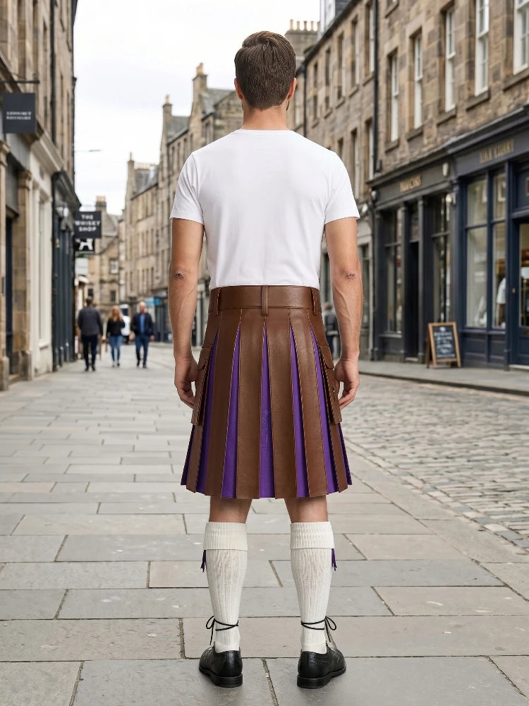 Brown Leather Kilt With Purple Pleats