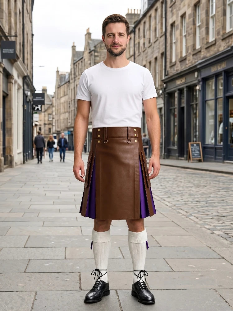 Brown Leather Kilt With Purple Pleats