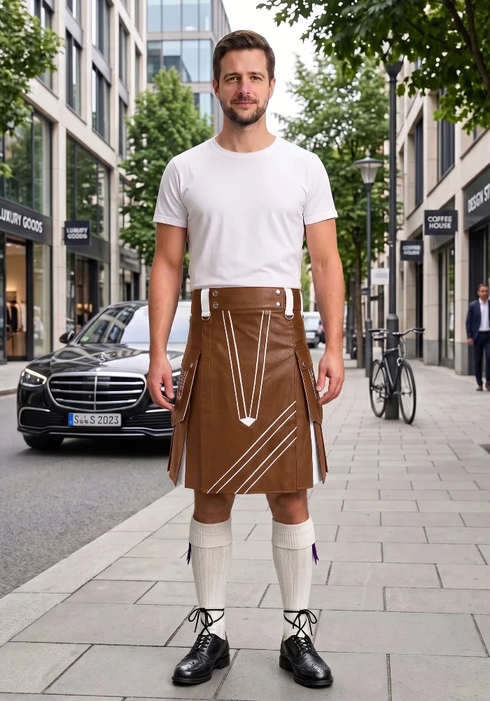 Brown and White Leather Hybrid Utility Kilt