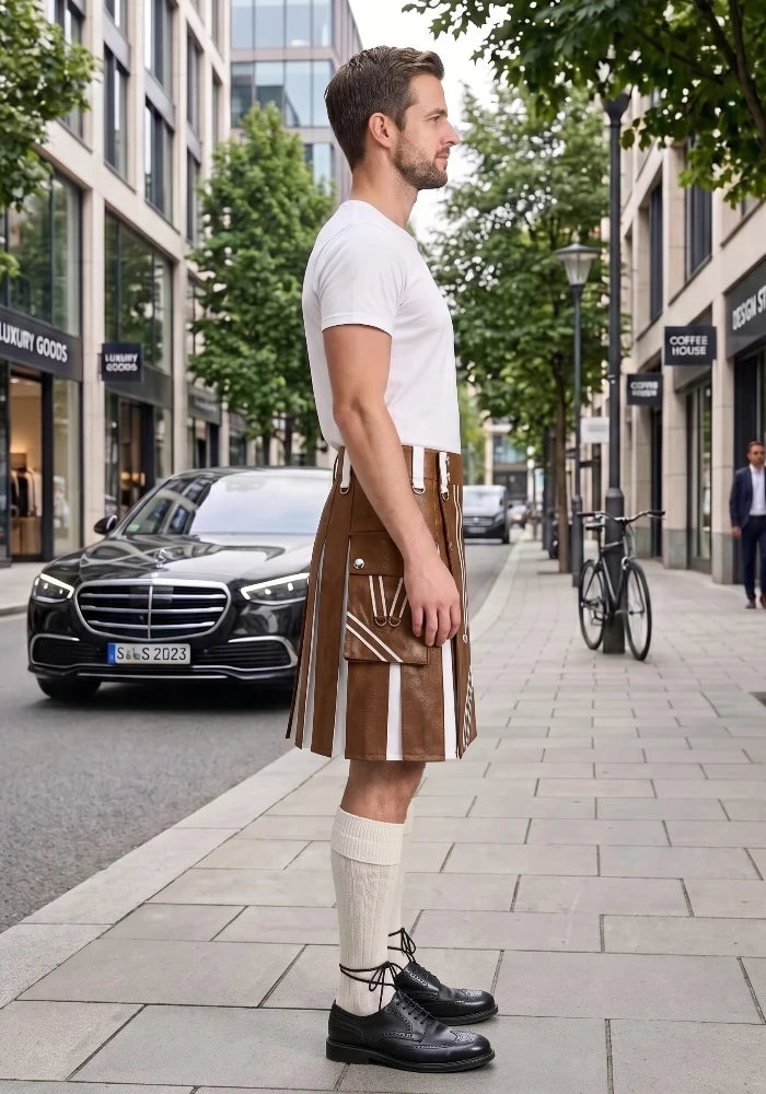 Brown and White Leather Hybrid Utility Kilt