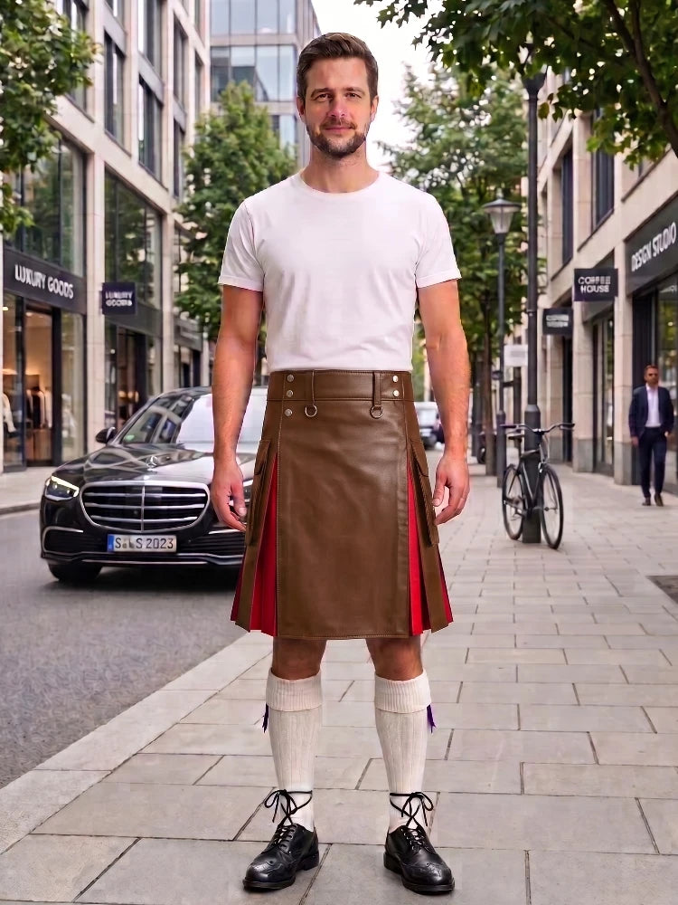 Brown With Red Cowhide Leather Hybrid Utility Kilt